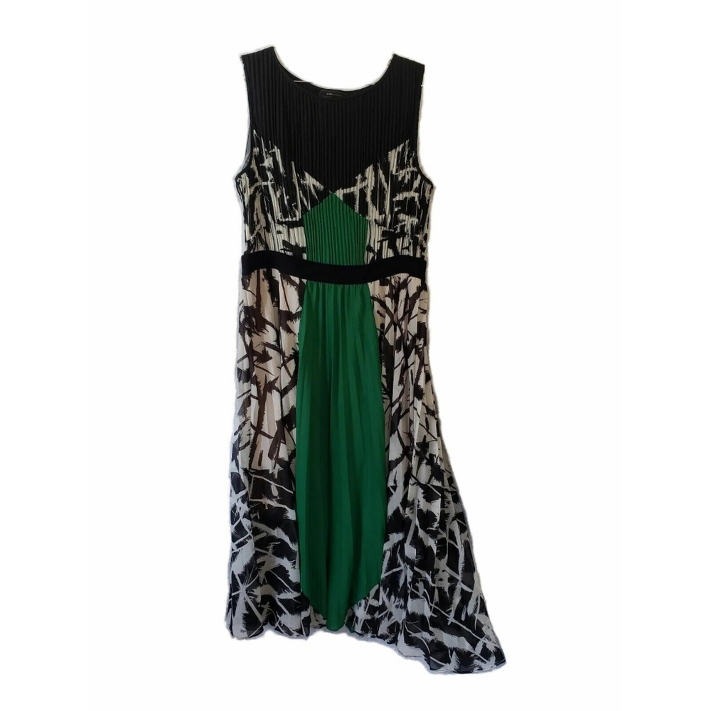 BCBGMAXAZRIA Green Print Sheer Bateau Empire Pleated Chiffon Maxi Dress L Large